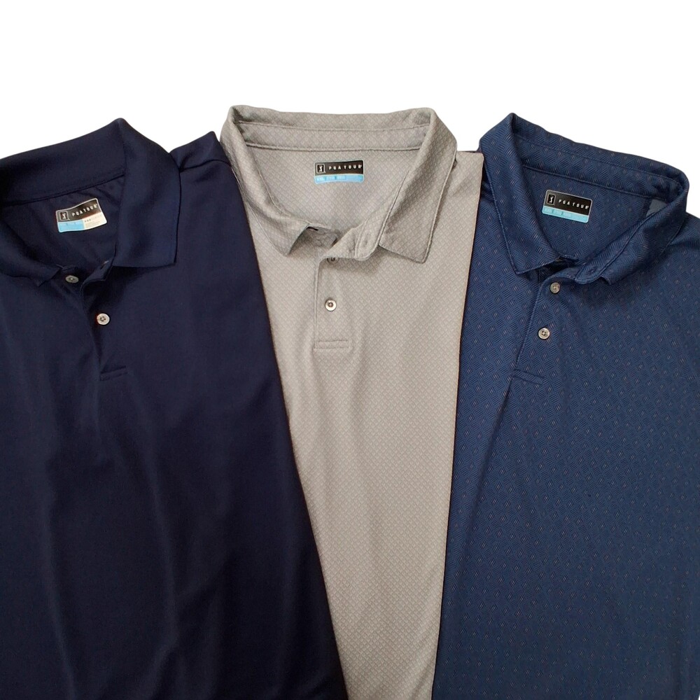 Lot of 3 PGA TOUR Golf Polo Shirts Mens 2XL Navy Gray Solid Geometric Bundle